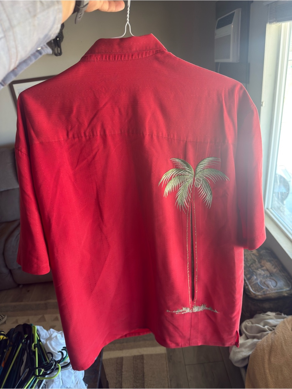 Red Short-Sleeve Palm Embroidered Casual Button Down Shirt